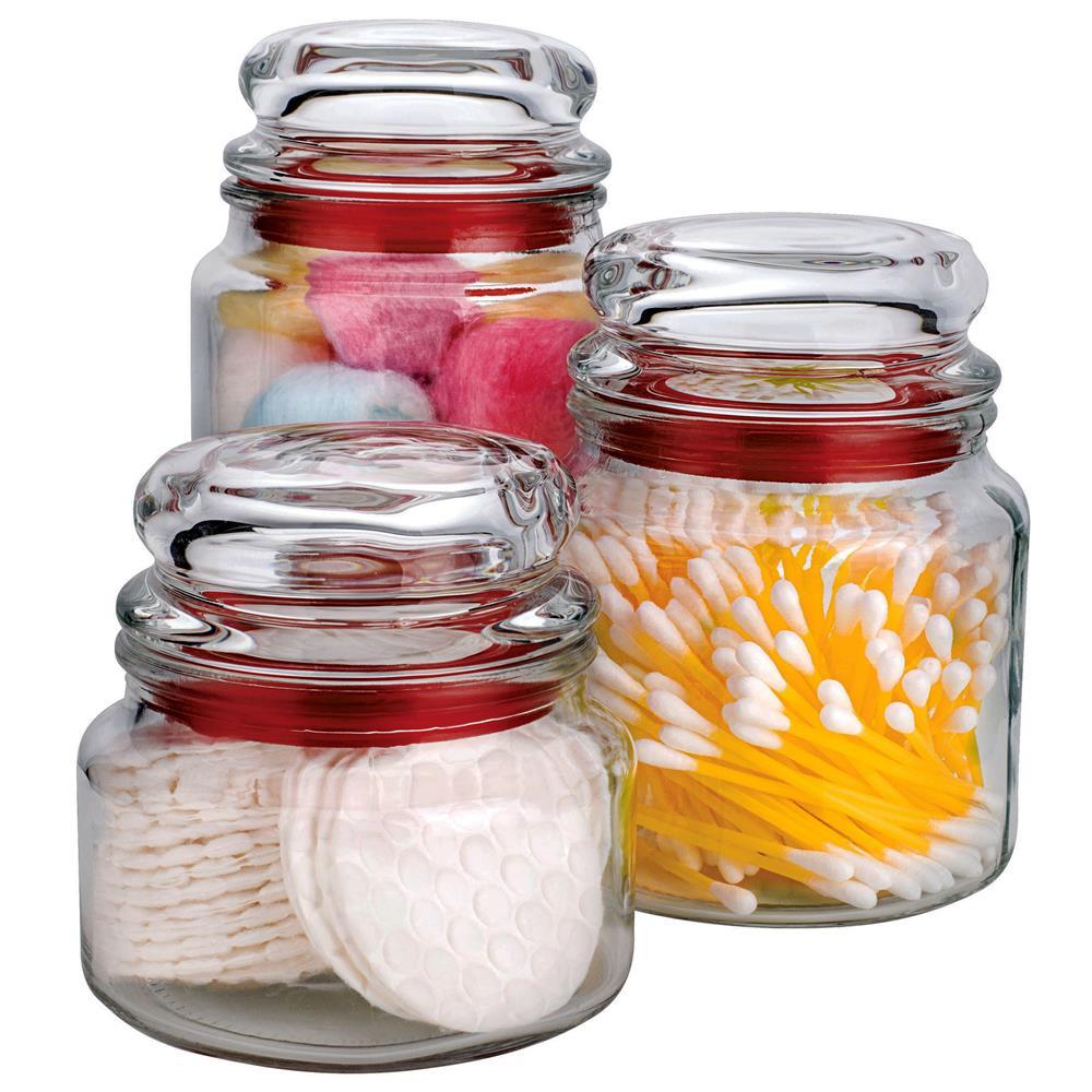 Conjunto de Potes Multiuso Euro Home Transparente/Vermelho em Vidro e PVC – 3 Peças - 3