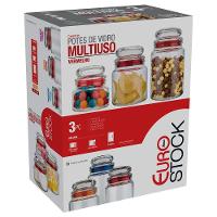 Conjunto de Potes Multiuso Euro Home Transparente/Vermelho em Vidro e PVC – 3 Peças - 11