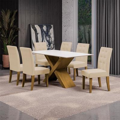 Mesa de Jantar Retangular Dobuê Dubai Light 160x90cm com 6 Cadeiras Estofadas Revestidas em Tecido Veloplus