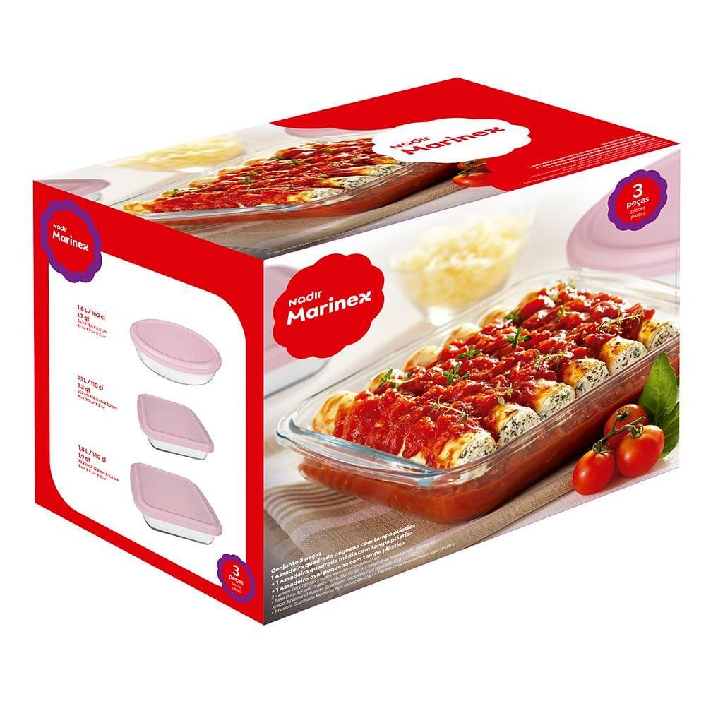 Conjunto de Assadeiras em Vidro Nadir Marinex com Tampa Plástica Rosa– 3 Peças - 2