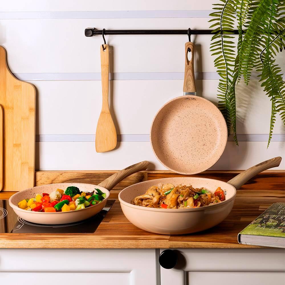 Frigideira Wok de Indução Lyor em Alumínio com Revestimento Cerâmico Granilite Bege - 28cm - 6