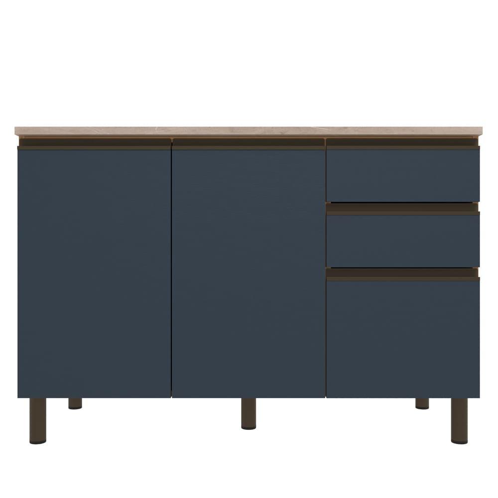 Balcão Bartira Cristal em MDP com 2 Portas e 3 Gavetas, 120,1cm de largura - Lâmina de Mel/Azul Royal - 2