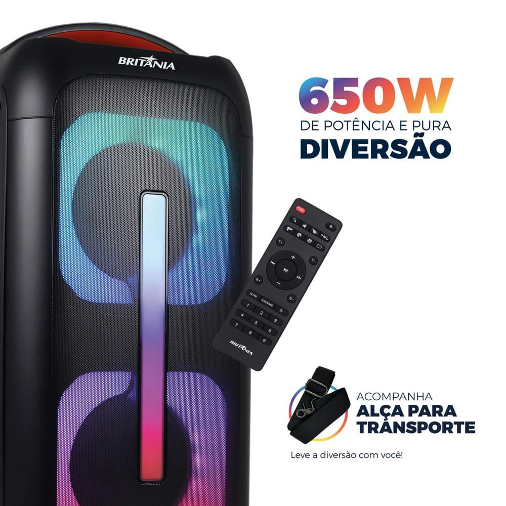 Caixa de Som Britânia BCX6801 com Bluetooth, Iluminação LED, Alça de transporte, Controle Remoto e até 12h de bateria - 650W - 7