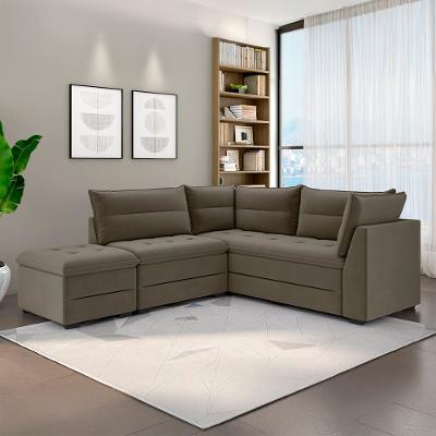 Sofá Modular de Canto 4 Lugares Luizzi Quebec com Pufe e Revestimento em Suede – 408cm de Largura