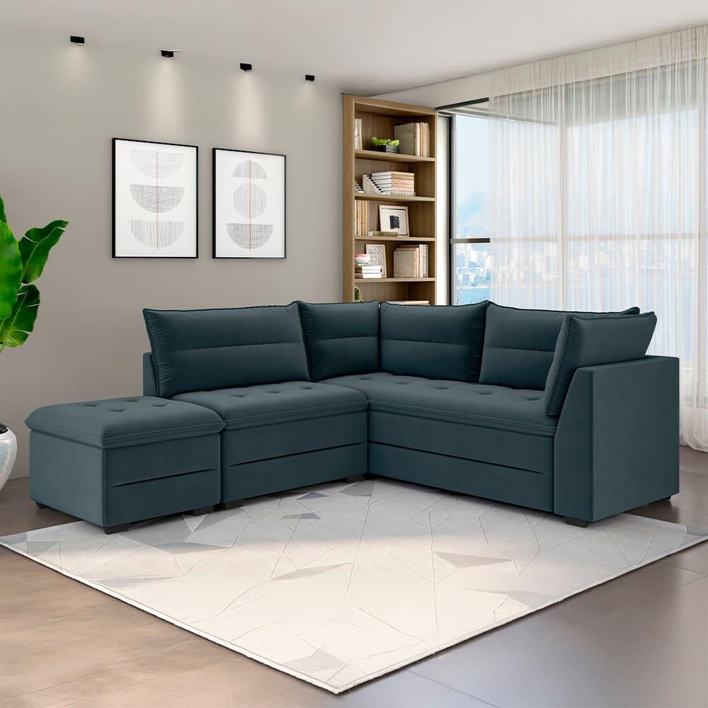 Sofá Modular de Canto 4 Lugares Luizzi Quebec com Pufe e Revestimento em Suede – 408cm de Largura - 1