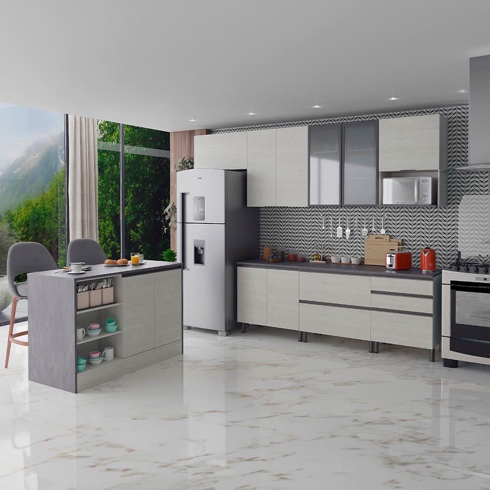 Cozinha Completa Bartira Cristal com 10 Portas, 5 Gavetas, 9 Prateleiras e Bancada Gourmet - 300cm de Largura - 1
