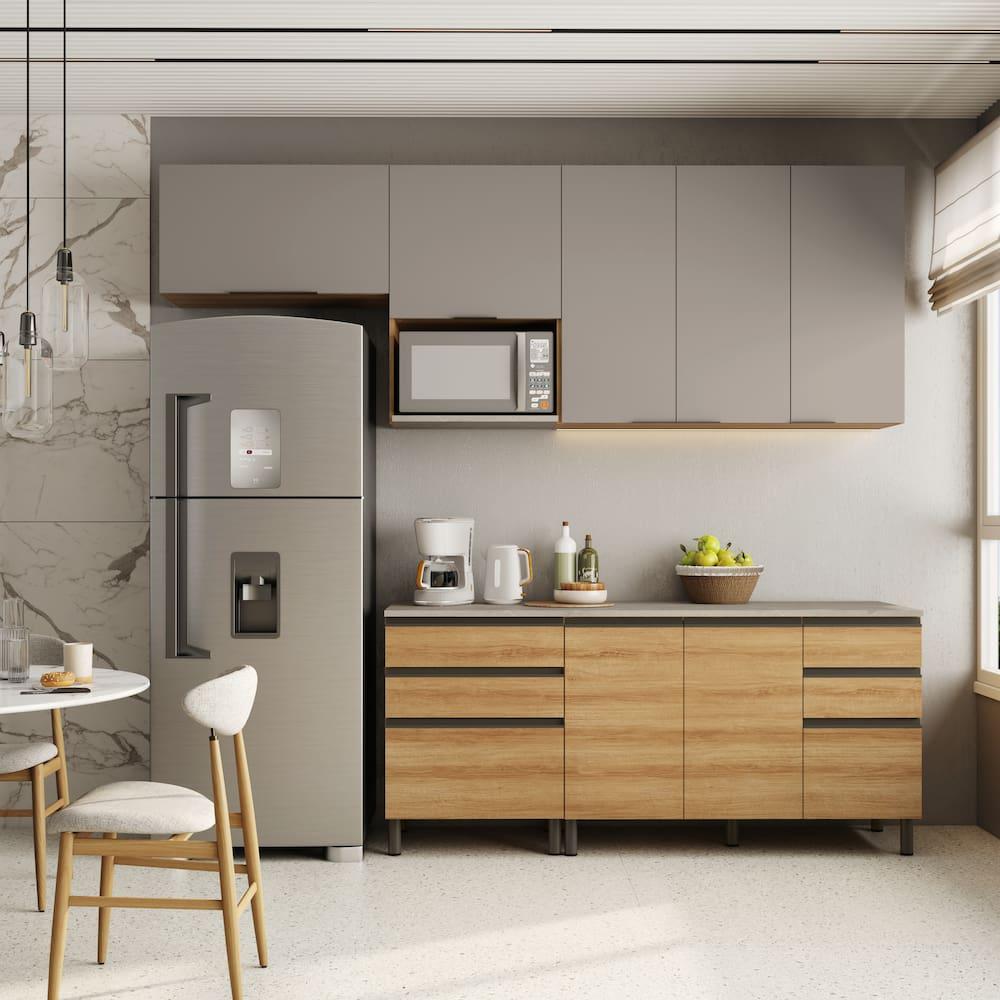 Cozinha Bartira Cristal com 7 Portas, 6 Gavetas, 4 Prateleiras e Nicho para Micro-ondas - 260cm de Largura - 1