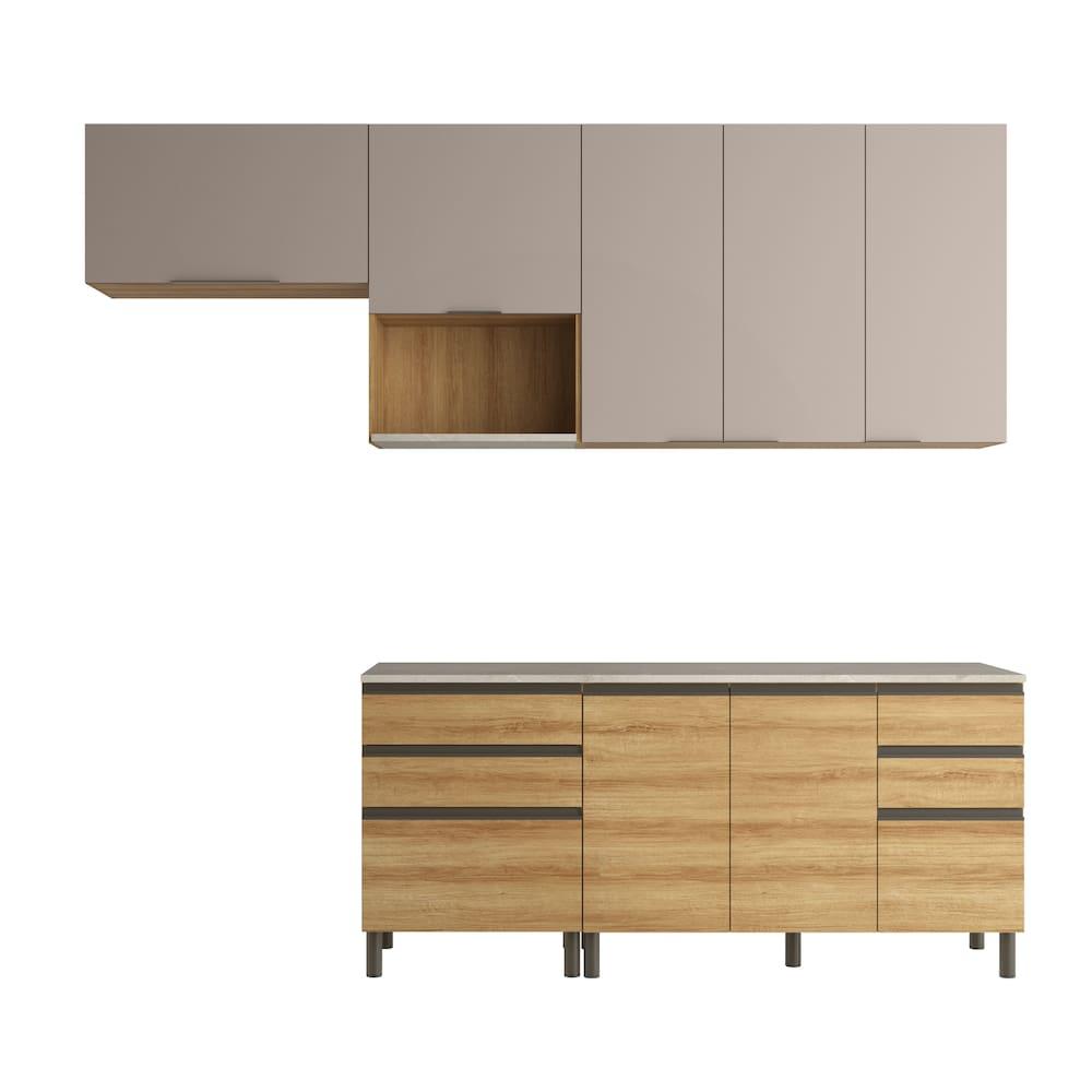 Cozinha Bartira Cristal com 7 Portas, 6 Gavetas, 4 Prateleiras e Nicho para Micro-ondas - 260cm de Largura - 2