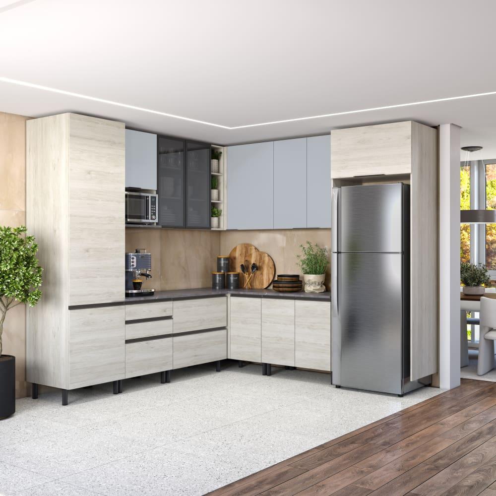 Cozinha Bartira Cristal com 14 Portas, 3 Gavetas, 13 Prateleiras e Nicho para Micro-ondas - 301,8cm de Largura - 1