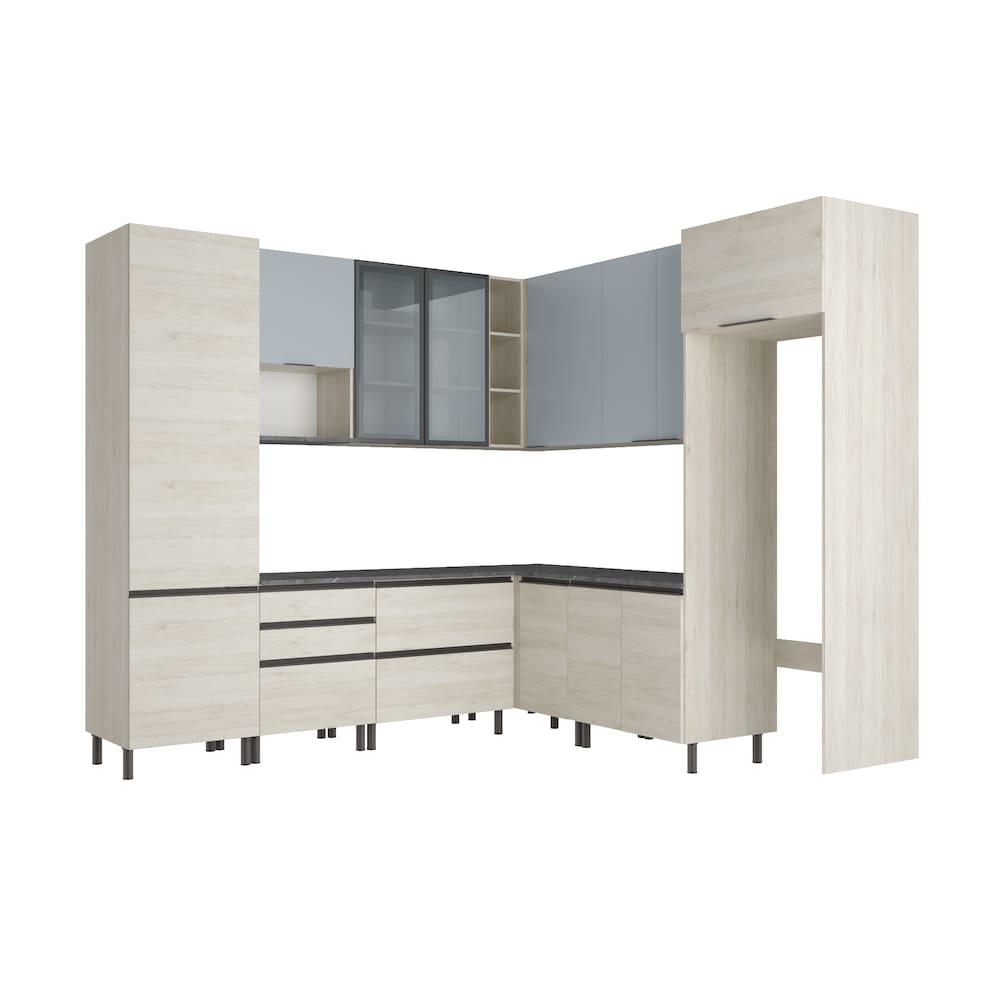 Cozinha Bartira Cristal com 14 Portas, 3 Gavetas, 13 Prateleiras e Nicho para Micro-ondas - 301,8cm de Largura - 2