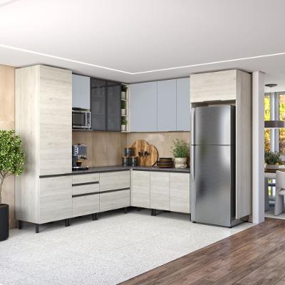 Cozinha Bartira Cristal com 14 Portas, 3 Gavetas, 13 Prateleiras e Nicho para Micro-ondas - 301,8cm de Largura