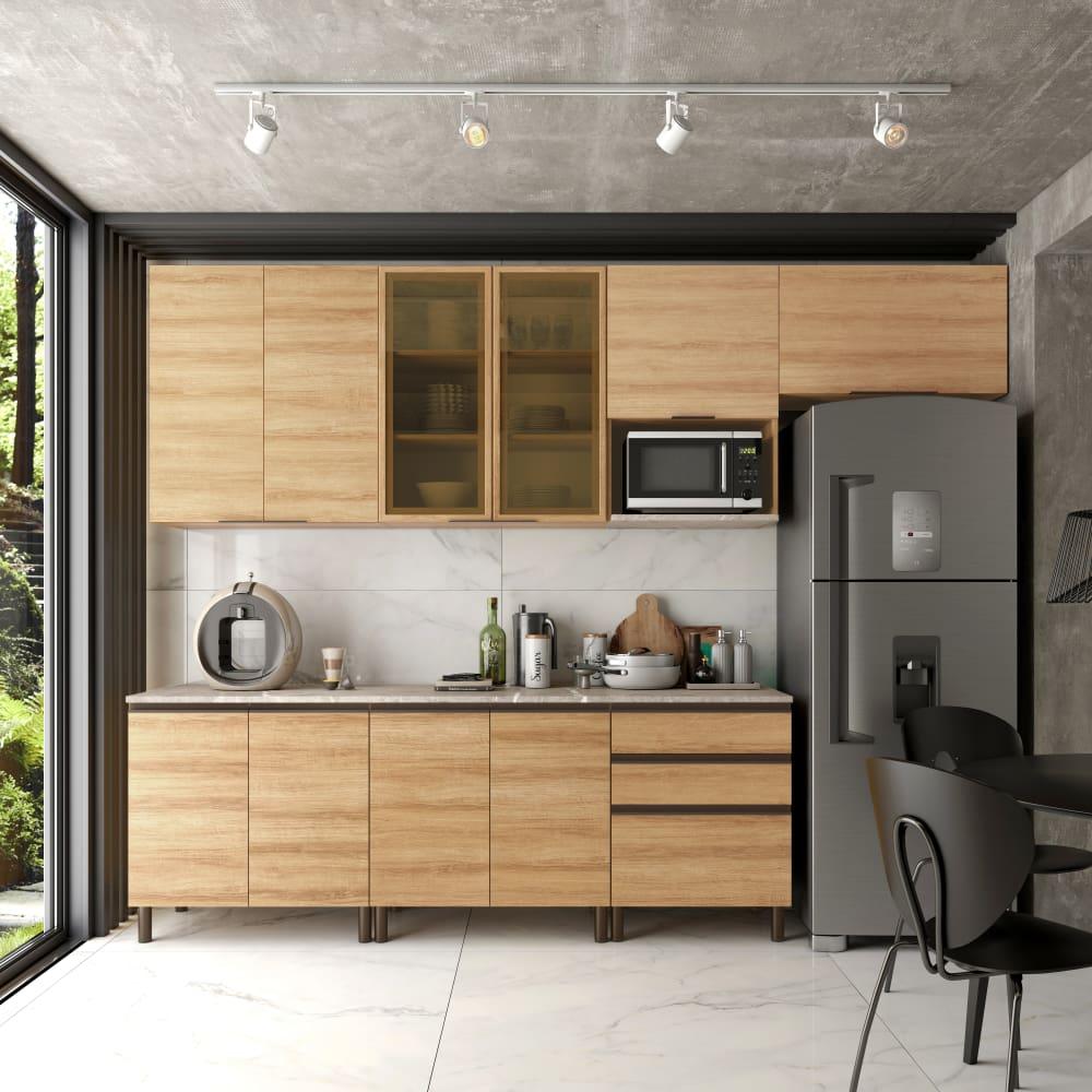 Cozinha Completa Bartira Cristal com 10 Portas, 3 Gavetas e 6 Prateleiras - 300cm de Largura - 1