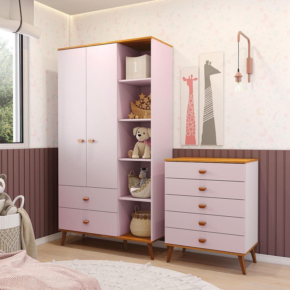Guarda-Roupa Bartira Ternura com 5 Nichos, 2 Portas, 2 Gavetas + Cômoda Bartira Ternura com 5 Gavetas - 1