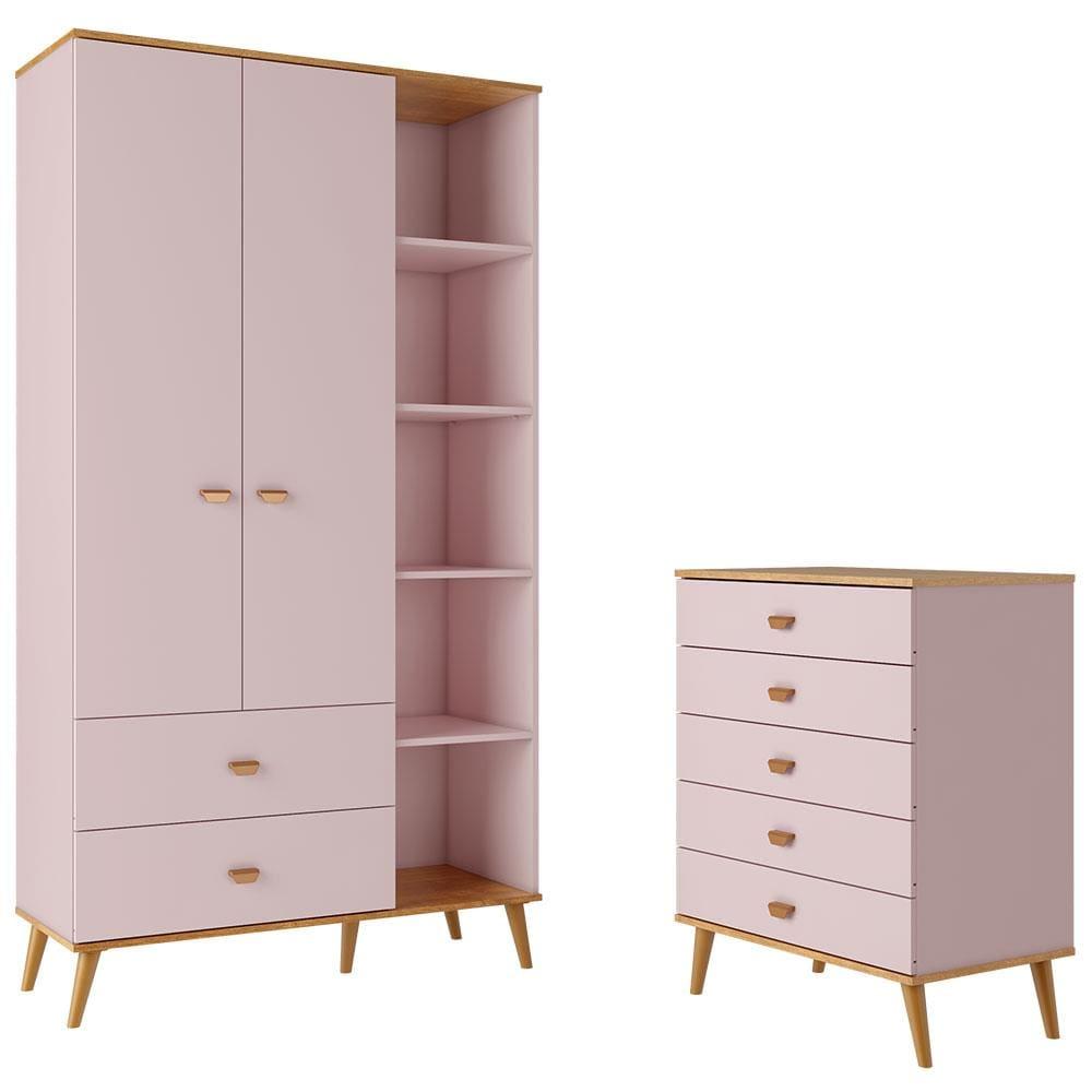 Guarda-Roupa Bartira Ternura com 5 Nichos, 2 Portas, 2 Gavetas + Cômoda Bartira Ternura com 5 Gavetas - 2