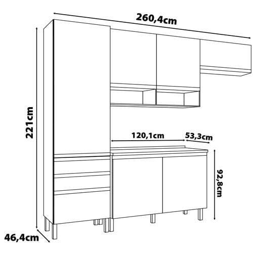 Cozinha Compacta Bartira Jaspe com 1 Pia, 6 Portas, 3 Gavetas e 6 Prateleiras - 260,4 cm de Largura - 6