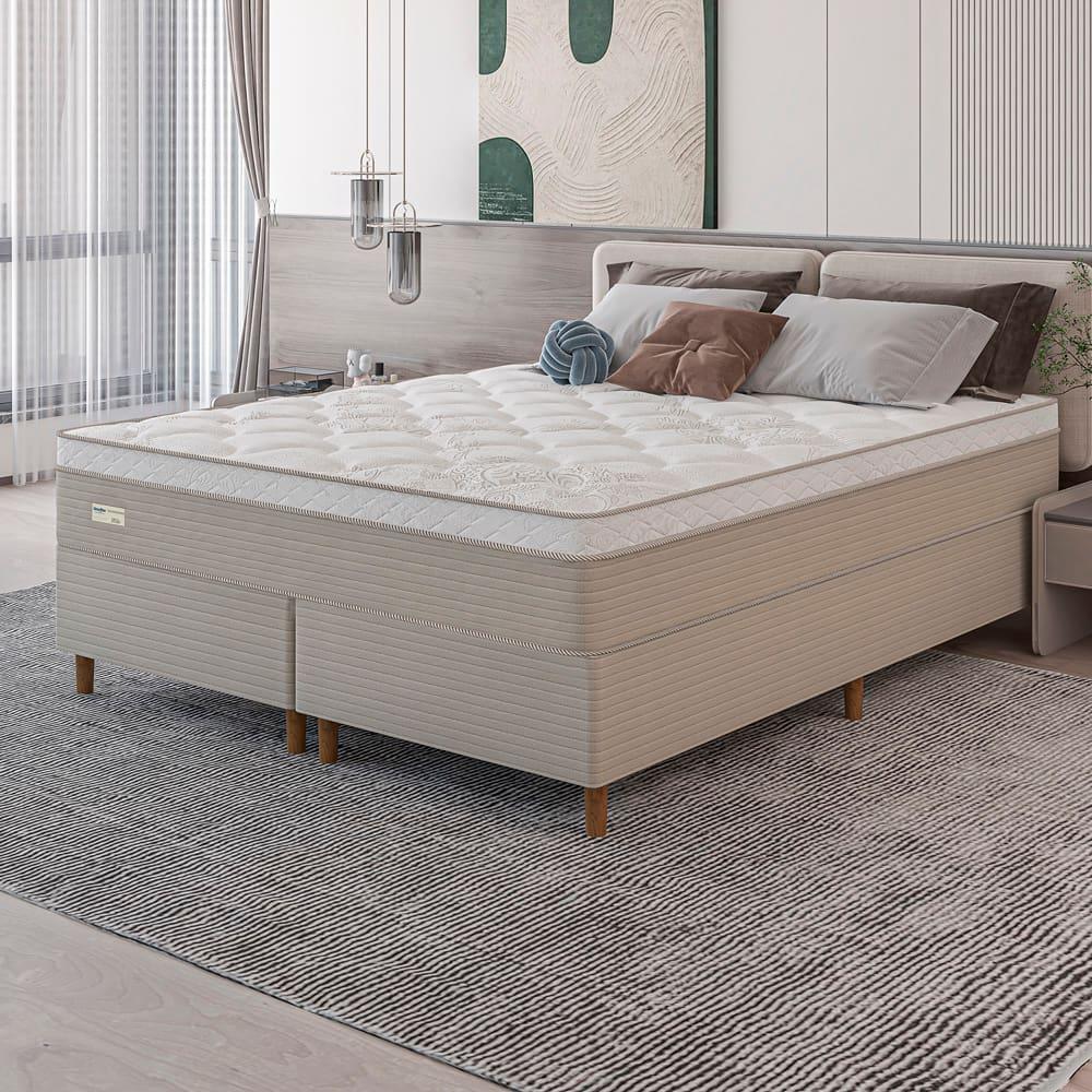 Cama Box King Size Umaflex Milão Bipartida com Revestimento em Malha + Colchão com Euro Pillow e Molas Ensacadas 30x193x203cm – Bege e Branca - 1