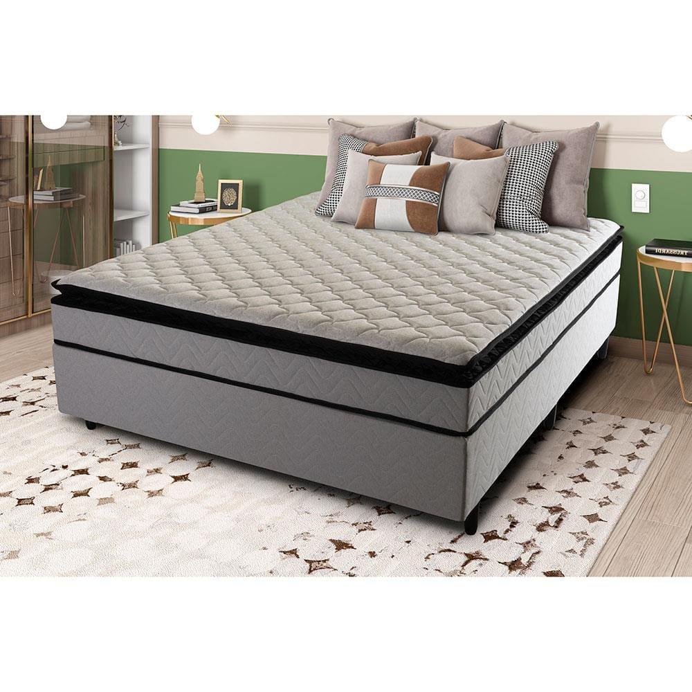 Cama Box de Casal Hellen Titanium com Espuma D28, Pillow Top e Revestimento em Tecido Malha 62x138x188cm - Cinza/Preto - 1