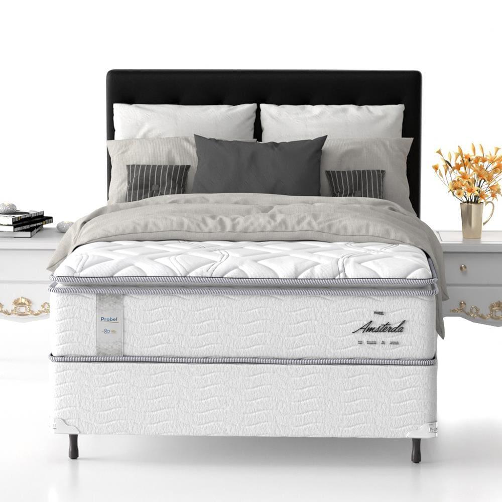 Cama Box Casal Probel Amsterdã com Pillow Top e Molas Ensacadas 72x138x188cm - Branco/Preto - 1