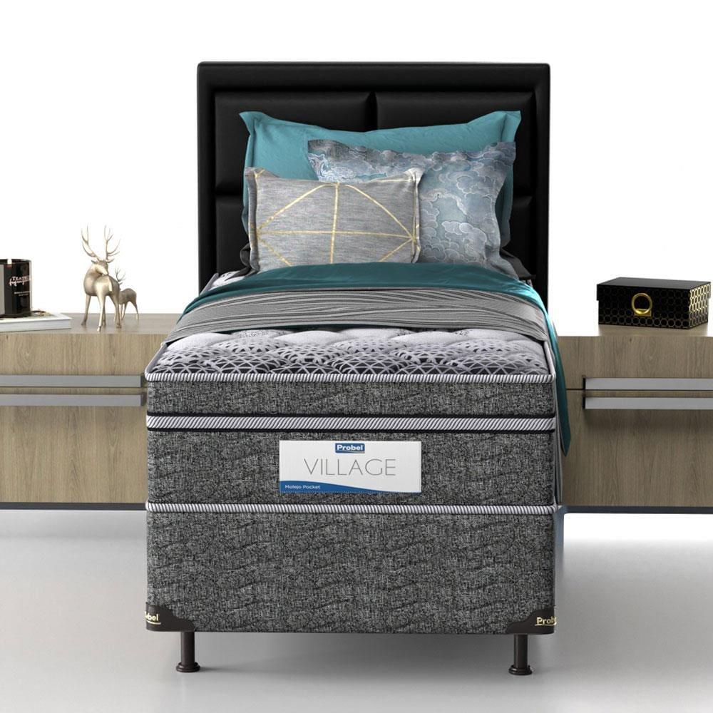 Cama Box de Solteiro Probel Village D28 com Molas Ensacadas e Pillow Euro 68x88x188cm - Branco/Preto - 1