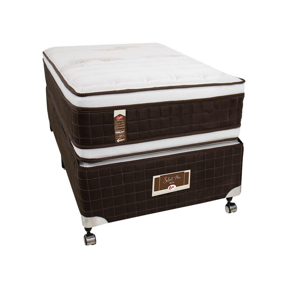 Cama Box Solteirão Castor Selle P Double com Revestimento em Tecido Suede + Colchão com Molejo Tecnopedic, Euro Pillow 34x100x200cm – Marrom e Bege - 1
