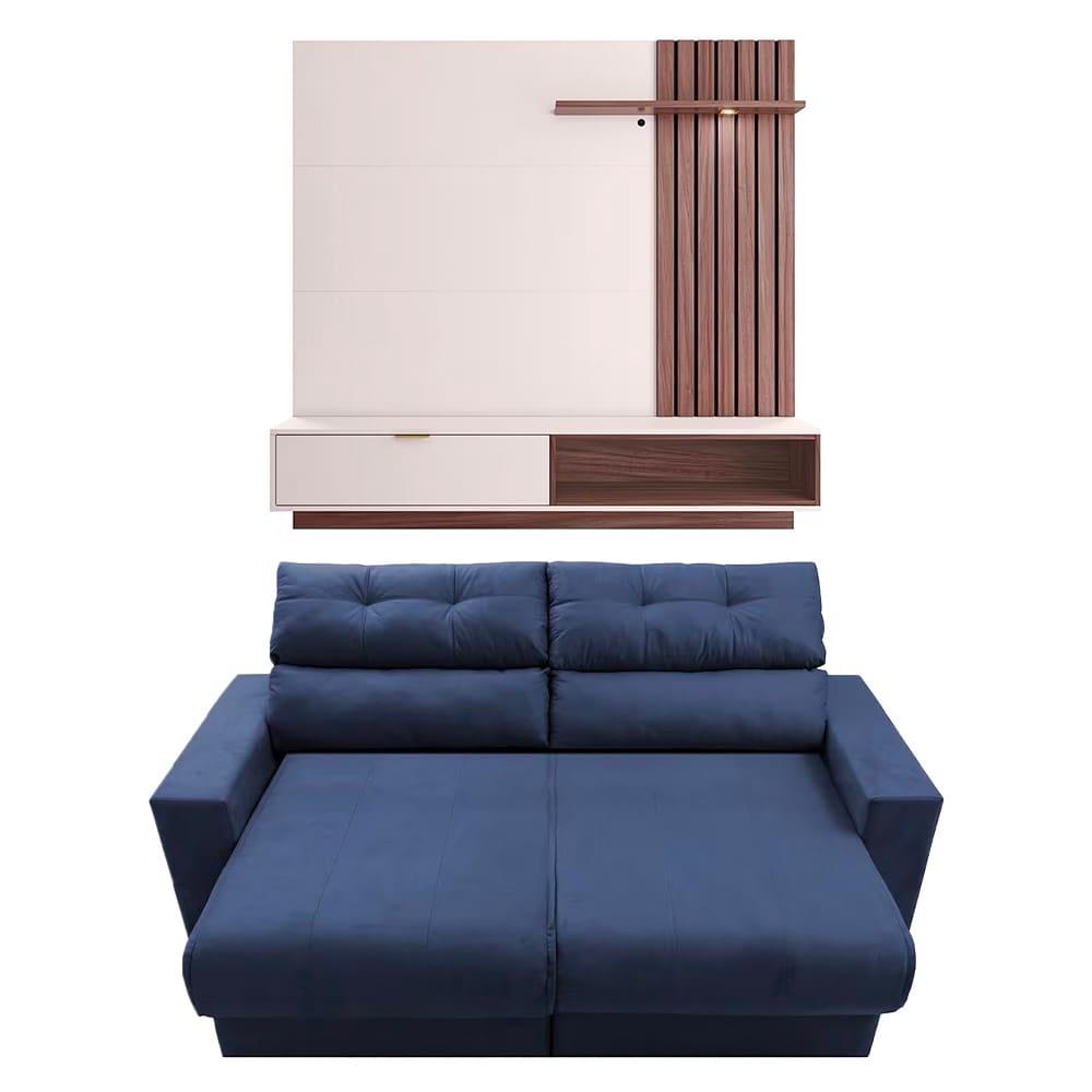 Sofá 3 lugares Cama Inbox Clean Reclinável - 190 cm de largura + Painel Home Suspenso Colibri Tocantins com 160 cm de largura para TVs de até 60" - 1