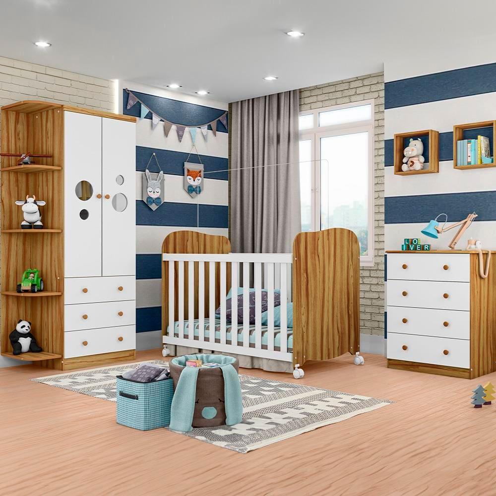 Berço Americano + Cômoda Infantil com 4 Gavetas e 65,1cm de Largura + Guarda-Roupa Infantil Peroba Duda Plus com 2 Portas, 3 Gavetas e 5 Prateleira - 1