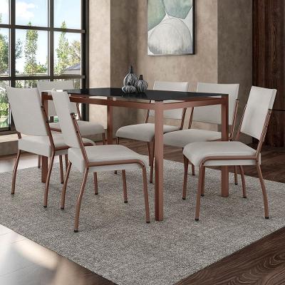 Mesa de Jantar Retangular Fabone Alexa Tampo de Vidro 140x80cm com 6 Cadeiras Dora Revestidas em Courino