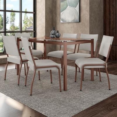 Mesa de Jantar Retangular Fabone Alexa Tampo de Vidro 140x80cm com 6 Cadeiras Dora Revestidas em Courino