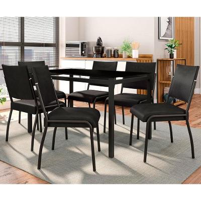 Mesa de Jantar Retangular Fabone Alexa Tampo de Vidro 140x80cm com 6 Cadeiras Dora Revestidas em Courino