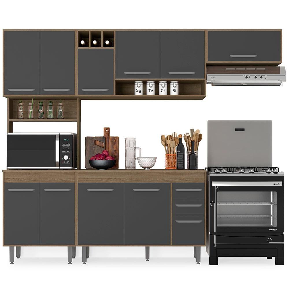 Cozinha Compacta Poliman Barcelona com Balcão, 11 Portas, 2 Gavetas, Nicho e Adega para 3 Garrafas - 258cm de largura - 2