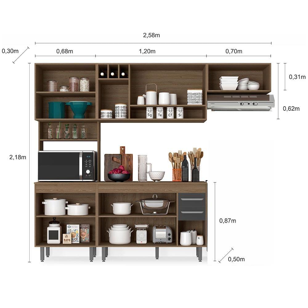Cozinha Compacta Poliman Barcelona com Balcão, 11 Portas, 2 Gavetas, Nicho e Adega para 3 Garrafas - 258cm de largura - 4