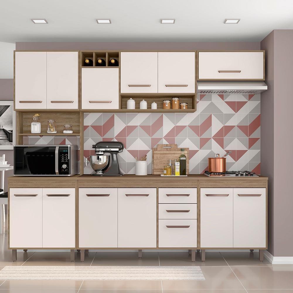 Cozinha Compacta Poliman Barcelona com 13 Portas, 2 Gavetas, 5 Prateleiras e Nicho para Micro-ondas - 258cm de largura - 1