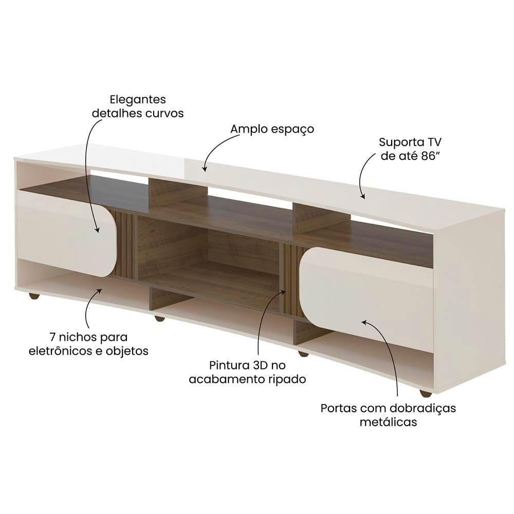 Rack Artely Elegance com 2 Portas, 7 Nichos, 220cm de Largura, ideal para TVs de até 86’’ - 7
