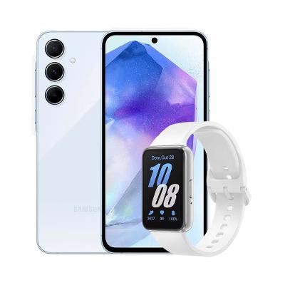Smartphone Samsung Galaxy A55 5G Azul Claro 256GB, 8GB RAM, Câmera Tripla de até 50MP, Selfie de 32MP e Tela Super AMOLED 6.6" + Galaxy Fit3 Prata