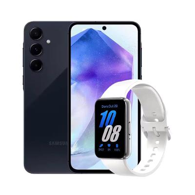Smartphone Samsung Galaxy A55 5G 128GB Azul Escuro, 8GB RAM, Câmera Tripla de até 50MP, Selfie de 32MP e Tela Super AMOLED 6.6" + Galaxy Fit3 Prata