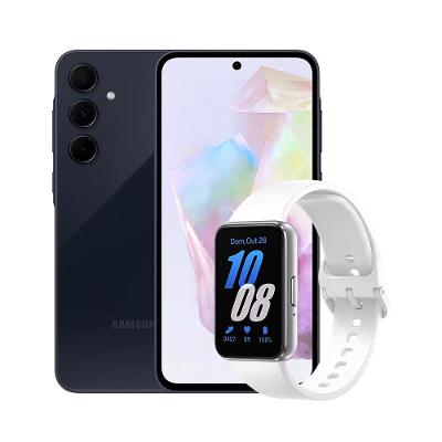 Smartphone Samsung Galaxy A35 5G 128GB Azul Escuro, 6GB RAM Câmera Tripla de até 50MP, Tela super AMOLED 6,6" + Galaxy Fit3 Prata Display de 1.6"