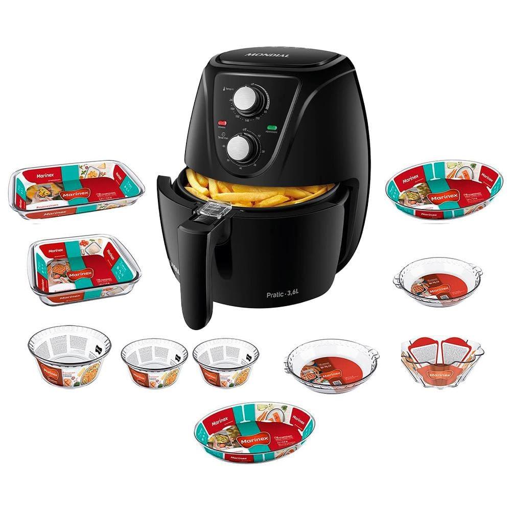 Fritadeira Elétrica Sem Óleo Air Fryer Mondial AF-36-FB 3,6L - Preta + 10 Travessas Refratárias Marinex em Vidro - 1