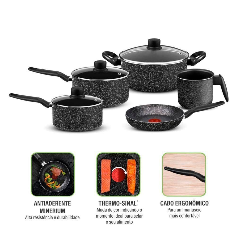 Jogo de Panelas Rochedo Stone Pro 5 Peças Revestimento Antiaderente Minerium Tampas de Vidro Preto e Cinza - 9