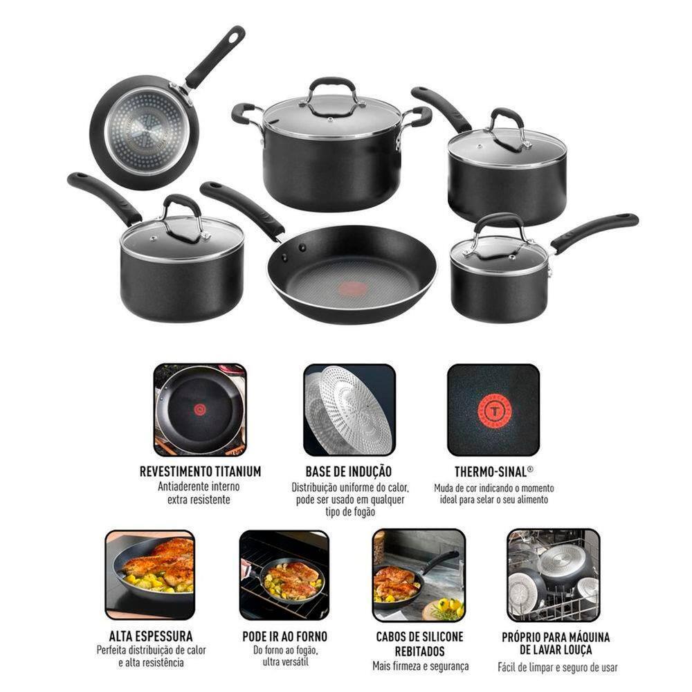 Conjunto de Panelas 6 Peças Tefal Professional Revestimento Antiaderente Titanium e Tampas de Vidro - Preto - 8