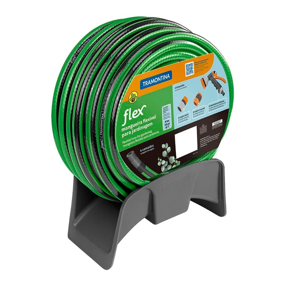 Mangueira Tramontina Flex para Jardim Verde com Faixa Preta em PVC 4 Camadas, Engate Rosqueado, Esguicho e Suporte – 20 Metros - 1