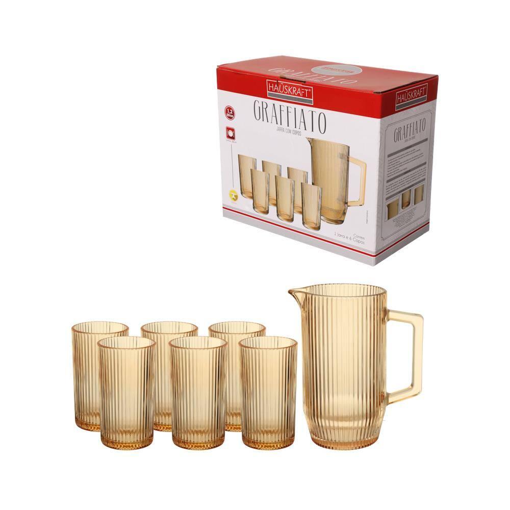 Conjunto de Jarra e Copos Hauskraft em Vidro Graffiato Âmbar – 7 Peças - 4