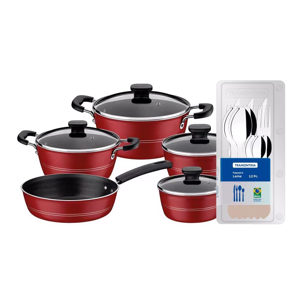 Conjunto de Panelas Tramontina Sicilia com Revestimento Starflon Excellent Vermelho – 5 Peças + Faqueiro 12 Peças Tramontina Leme - Cinza - 1