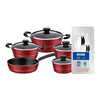 Conjunto de Panelas Tramontina Sicilia com Revestimento Starflon Excellent Vermelho – 5 Peças + Faqueiro 12 Peças Tramontina Leme - Cinza - 1