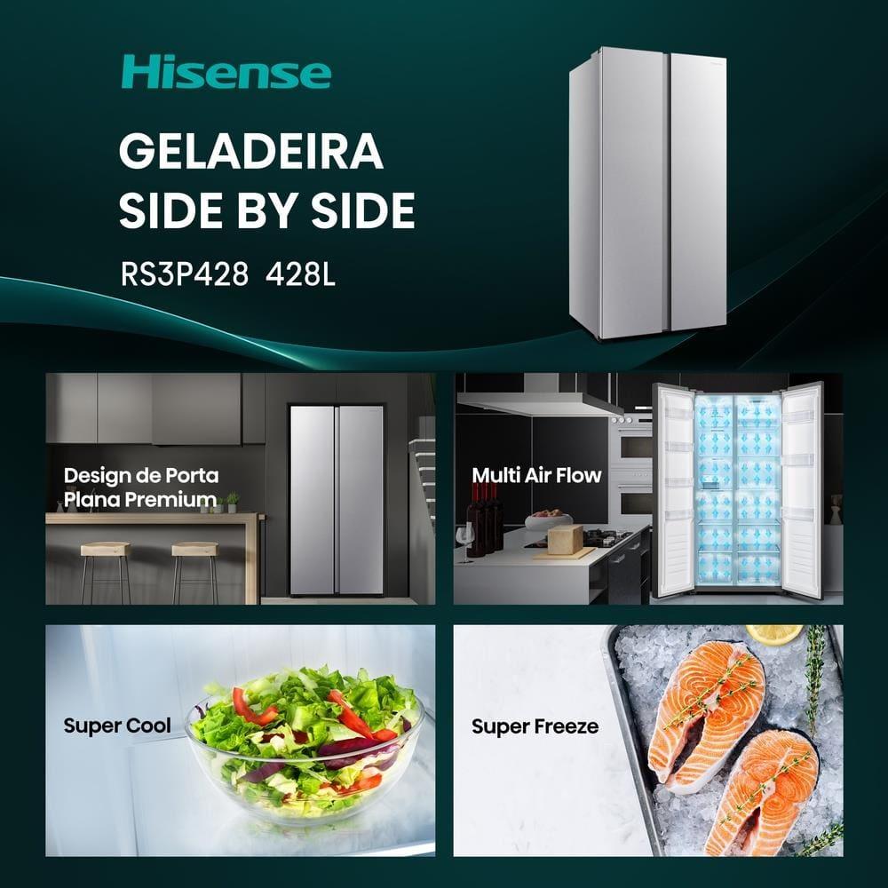 Geladeira 428L Hisense RS3P428 Side by Side Inverter Frost Free Portas Planas Puxador Embutido Cinza - 7