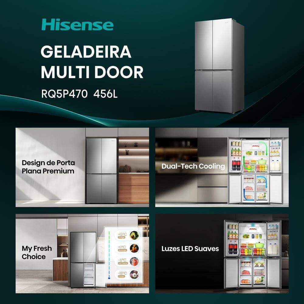 Geladeira 456L Hisense RQ5P470 Side By Side Multi Door Inverter Wi-Fi Metal Cooling Prateleiras de Vidro Inox - 9
