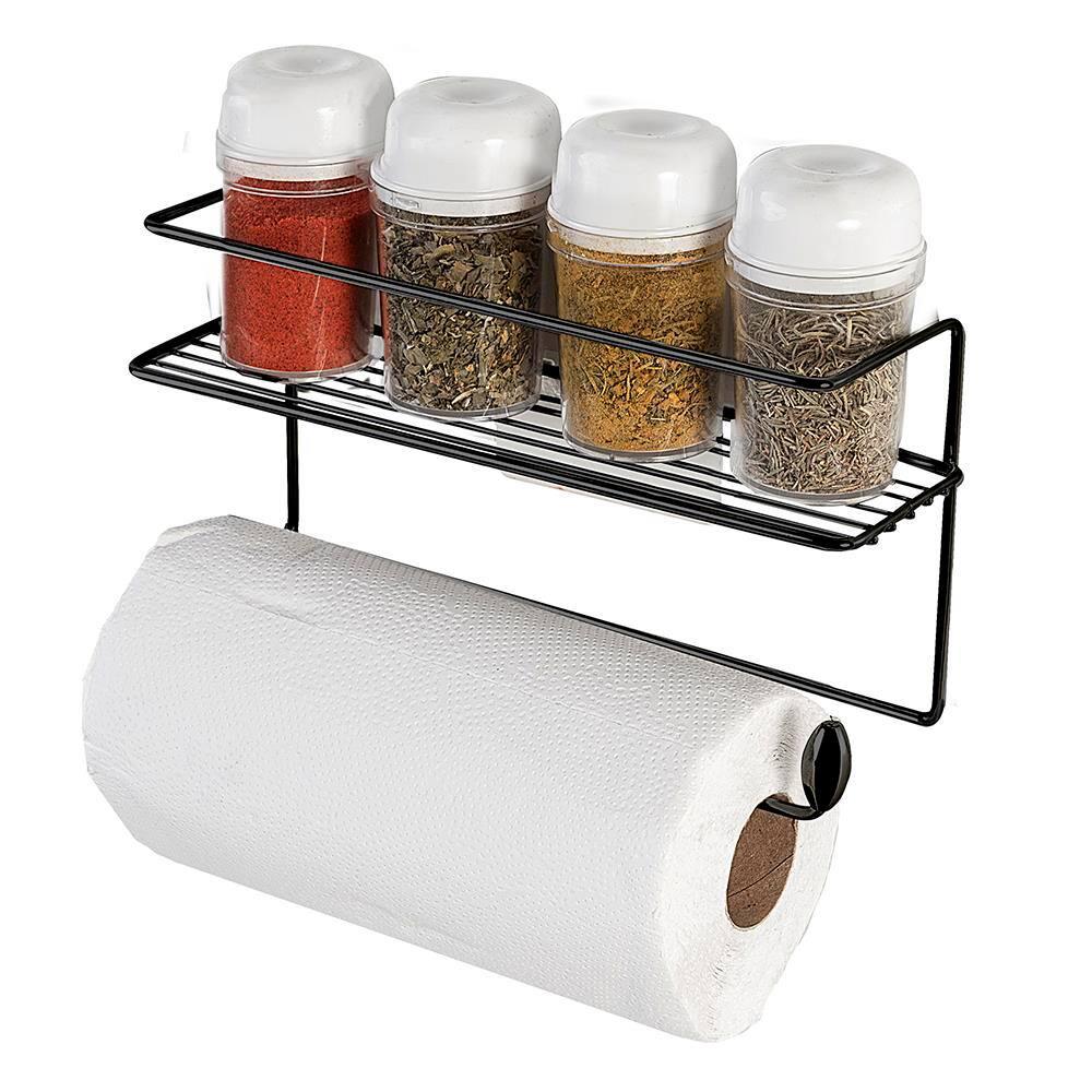 Suporte para Condimentos e Papel Toalha de Parede Utimil Pintura Epóxi Preto com 4 Potes, Fixação Adesiva e Design Compacto - 2