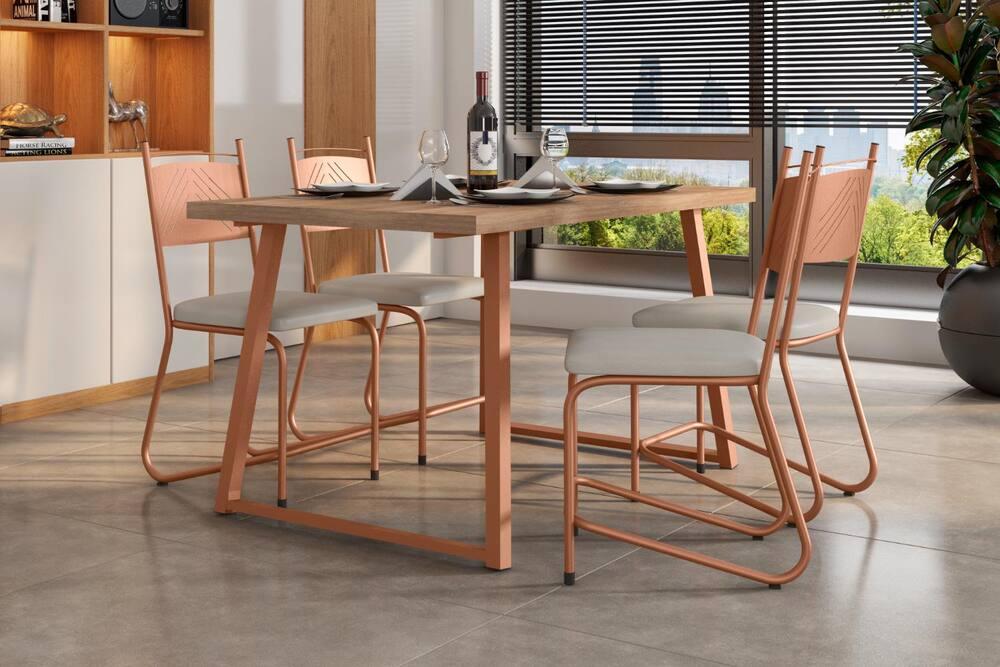 Conjunto de Mesa Jantar 4 Cadeiras Fabone Atlanta Aço Carbono Estofadas Corano Retangular 136x80 - 2