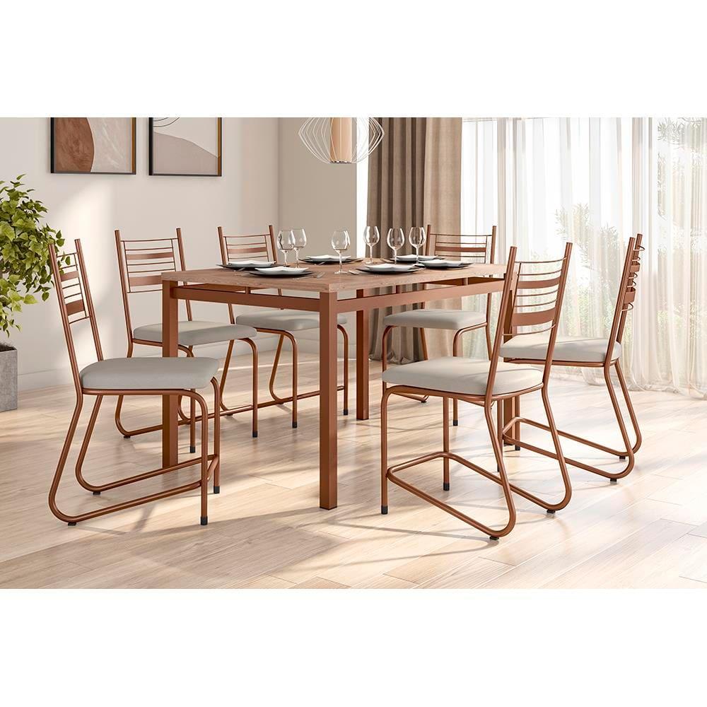 Conjunto Mesa Jantar 6 Cadeiras Fabone Kieve Aço Carbono Corano Cobre Mesa Retangular 136x80 - 1