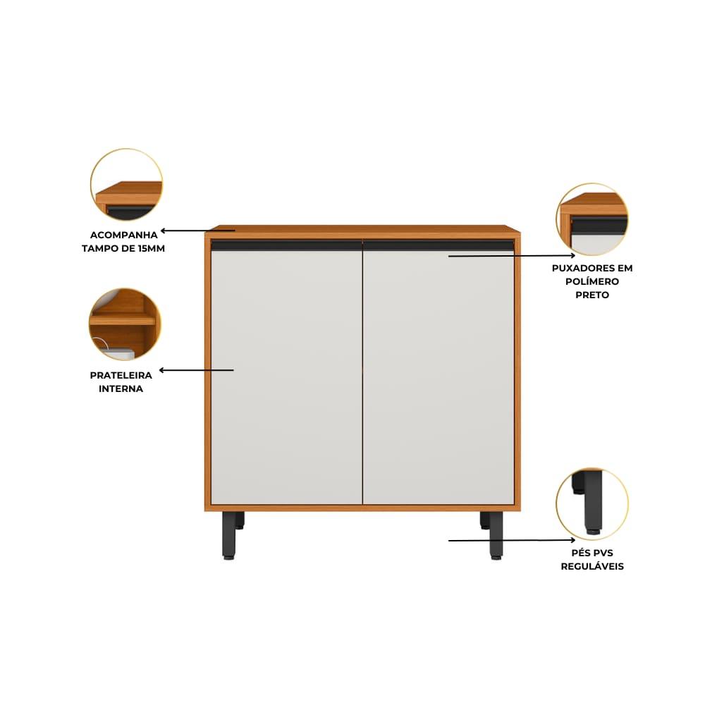 Balcão Poliman Ravena 80cm 2 Portas Tampo 15mm Puxadores Pretos Prateleira Removível Freijó Off White Acetinado - 3