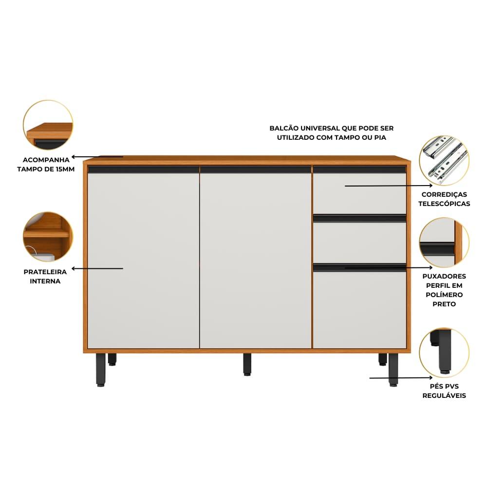 Balcão Poliman Ravena 120cm 3 Portas 2 Gavetas Tampo 15mm Puxadores Pretos Freijó Off White Acetinado - 3